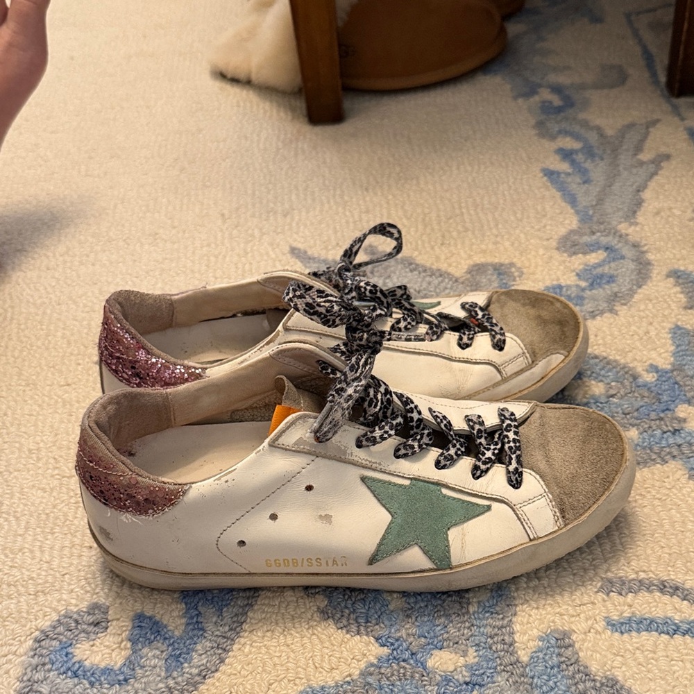 Golden Goose White Sneakers with Green Star and Pink Glitter Heel